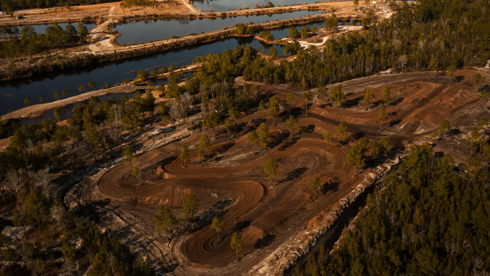 Aerial view of the Salty Acres motocross tracks and ponds