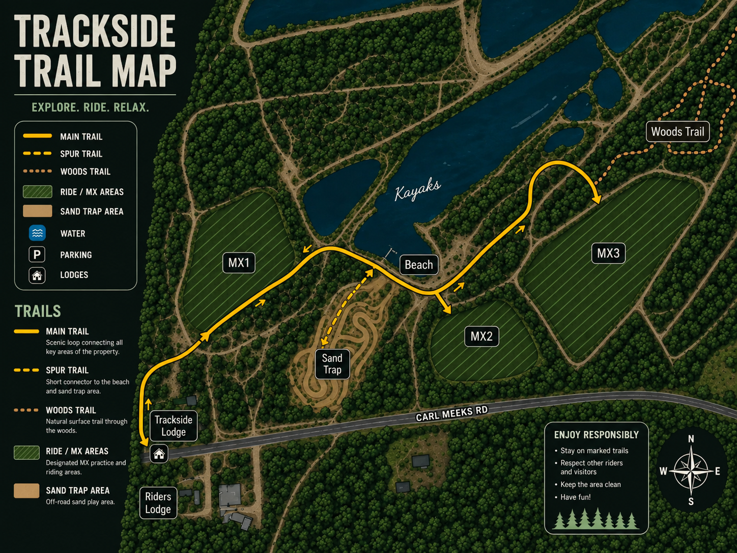Trackside trail map showing the main trail, MX1–MX3 ride areas, sand trap, beach, kayaks, and the lodges